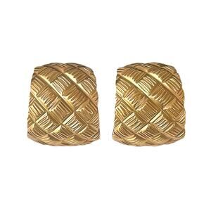 1980s Satin Gold Plate Quilted Pattern Curved Hoop Style Statement Clip Earrings